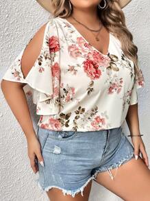 SHEIN Clasi Plus Floral Print Split Sleeve Blouse, Summer