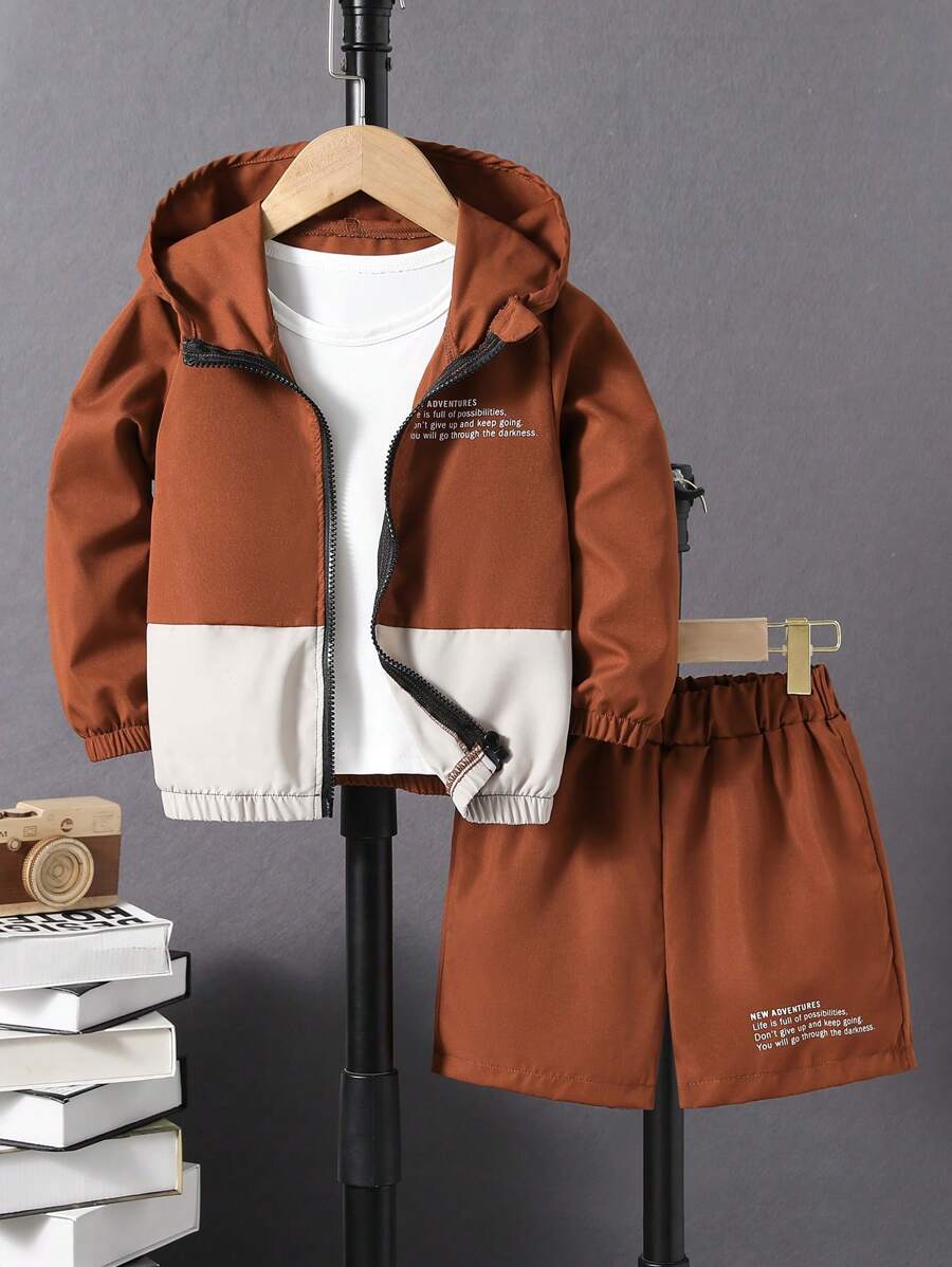 SHEIN Bộ thời trang bé trai Dây kéo Khối Màu Slogan Giải trí - màu nâu - Xem 1