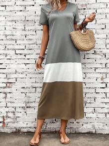 EMERY ROSE Color Block Tee Dress - Grey - View 1