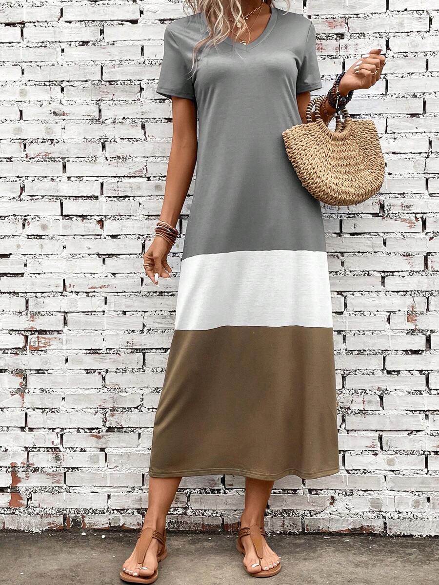 EMERY ROSE Color Block Tee Dress - Grey - View 1