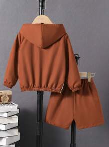 SHEIN Bộ thời trang bé trai Dây kéo Khối Màu Slogan Giải trí - màu nâu - Xem 2