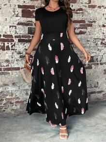 SHEIN LUNE Plus Feather Print A-Line Dress, Summer - Black - View 1