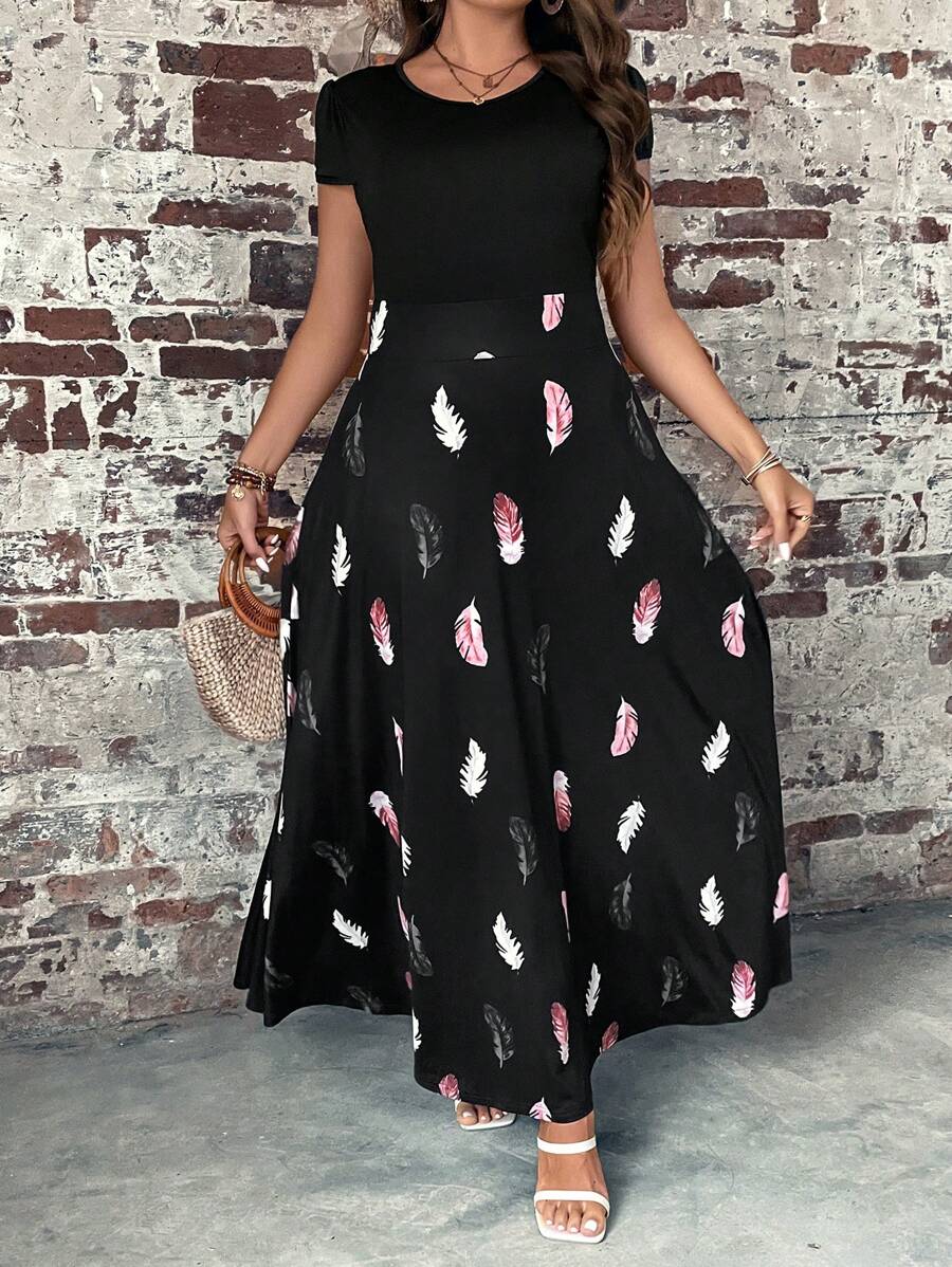 SHEIN LUNE Plus Feather Print A-Line Dress, Summer - Black - View 1