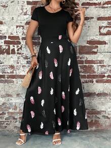 SHEIN LUNE Plus Feather Print A-Line Dress, Summer - Black - View 4