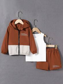 SHEIN Bộ thời trang bé trai Dây kéo Khối Màu Slogan Giải trí - màu nâu - Xem 7