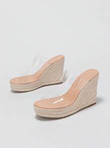 Women Clear Strap Espadrille Sole Sandals, Vacation Summer Wedge Slide Sandals