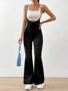 SHEIN EZwear 素色喇叭背帶連身褲不附吊帶上衣 - 黑色 - 查看 5