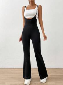 SHEIN EZwear 素色喇叭背帶連身褲不附吊帶上衣 - 黑色 - 查看 3