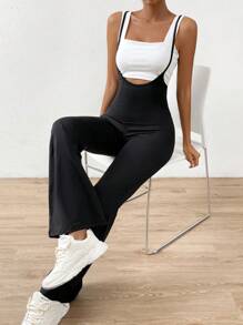 SHEIN EZwear 素色喇叭背帶連身褲不附吊帶上衣 - 黑色 - 查看 4