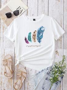 SHEIN LUNE Feather & Slogan Graphic Tee - White - View 4