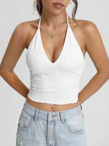SHEIN EZwear Solid Crop Halter Top - White - View 1