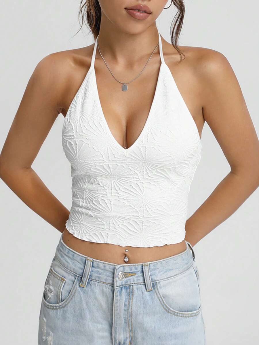 SHEIN EZwear Solid Crop Halter Top - White - View 1