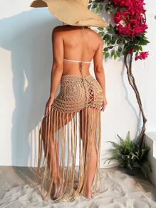 SHEIN Swim Summer Beach Cut Out Fringe Hem Crochet Halter Neck Backless Cover Up Dress