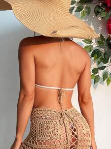 SHEIN Swim Summer Beach Cut Out Fringe Hem Crochet Halter Neck Backless Cover Up Dress