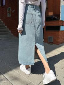 DAZY 高腰斜插口袋牛仔裙 - 淺色水洗藍 - 查看 2