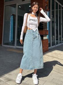 DAZY 高腰斜插口袋牛仔裙 - 淺色水洗藍 - 查看 6