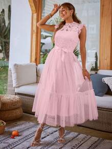 Simplee Guipure Lace Insert Ruffle Hem Belted Mesh Dress - Pink - View 1