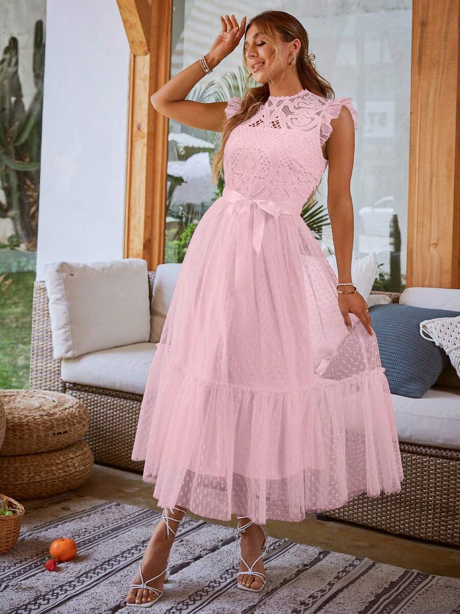 Simplee Guipure Lace Insert Ruffle Hem Belted Mesh Dress - Pink - View 1
