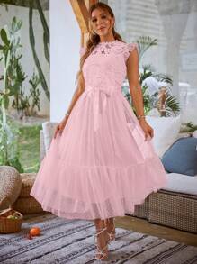 Simplee Guipure Lace Insert Ruffle Hem Belted Mesh Dress - Pink - View 3