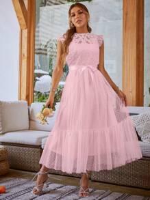 Simplee Guipure Lace Insert Ruffle Hem Belted Mesh Dress - Pink - View 4