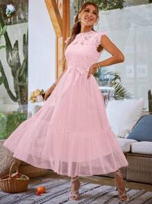 Simplee Guipure Lace Insert Ruffle Hem Belted Mesh Dress - Pink - View 5