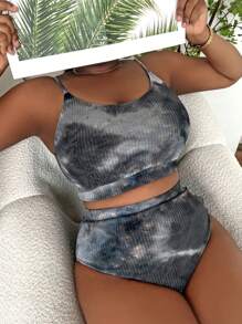 SHEIN Swim Curve Conjunto De Bikini De Talle Alto Con Teñido Anudado De Talla Grande Playa De Verano