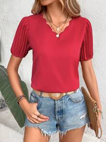 SHEIN LUNE Scallop Trim Puff Sleeve Blouse - Red - View 2