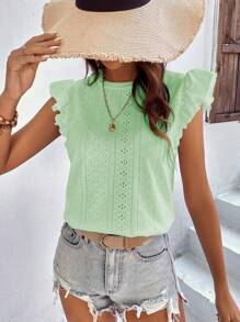 SHEIN VCAY 網眼刺繡荷葉邊T恤 - 薄荷綠 - 查看 3