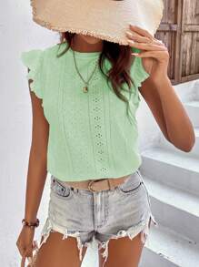 SHEIN VCAY 網眼刺繡荷葉邊T恤 - 薄荷綠 - 查看 4