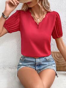 SHEIN LUNE Scallop Trim Puff Sleeve Blouse - Red - View 4