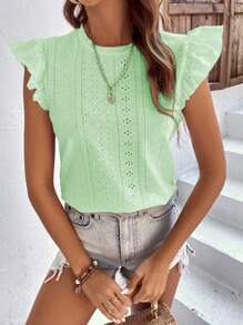 SHEIN VCAY 網眼刺繡荷葉邊T恤 - 薄荷綠 - 查看 6