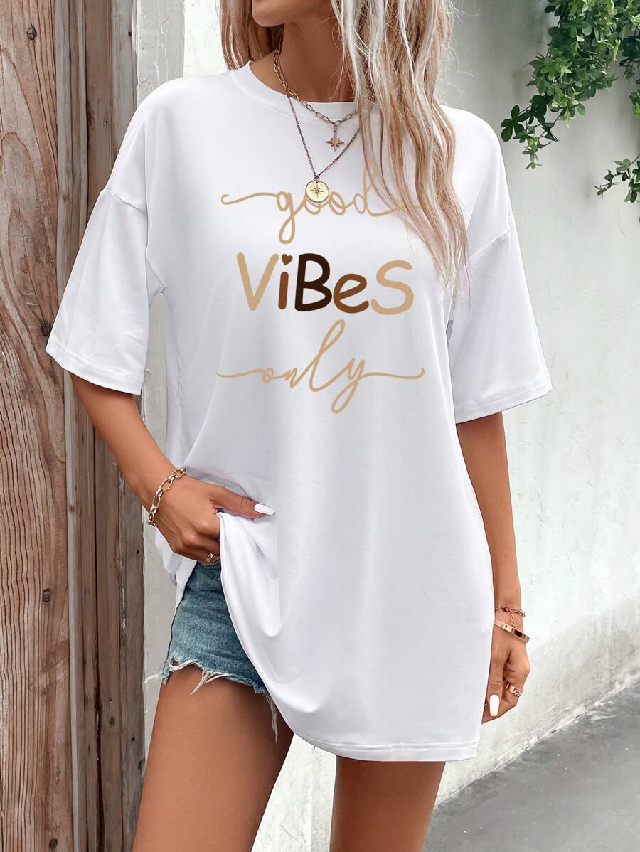 INAWLY Slogan Graphic Drop Shoulder Tee Graphic Tees Women Tops - White - View 1
