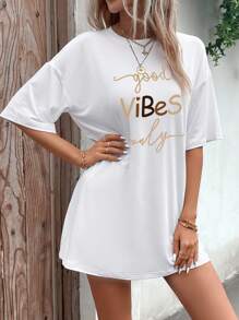 INAWLY Slogan Graphic Drop Shoulder Tee Graphic Tees Women Tops - White - View 3