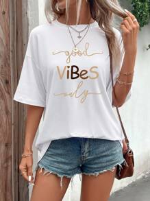 INAWLY Slogan Graphic Drop Shoulder Tee Graphic Tees Women Tops - White - View 4