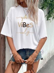 INAWLY Slogan Graphic Drop Shoulder Tee Graphic Tees Women Tops - White - View 5