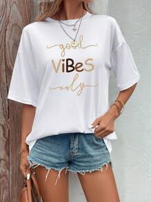 INAWLY Slogan Graphic Drop Shoulder Tee Graphic Tees Women Tops - White - View 6