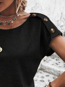 SHEIN LUNE Áo thun nữ Nút màu trơn Giải trí - màu đen - Xem 3