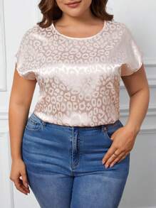 SHEIN Clasi 大碼豹紋提花蝙蝠袖緞面襯衫 - 米色 - 查看 1