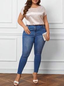 SHEIN Clasi 大碼豹紋提花蝙蝠袖緞面襯衫 - 米色 - 查看 4