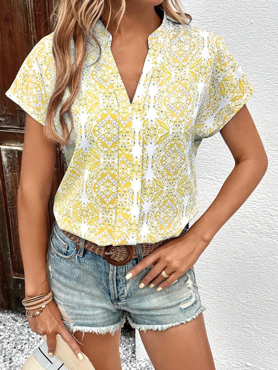 SHEIN Clasi 滿版印花蝙蝠袖缺口領四分之一無紐扣開襟襯衫 - 黃色 - 查看 1