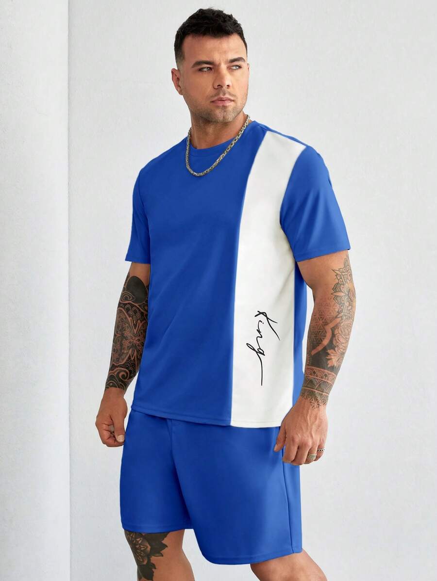 EASEVO 男士字母圖案雙色T恤和短褲 - 寶藍色 - 查看 1