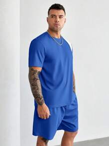 EASEVO 男士字母圖案雙色T恤和短褲 - 寶藍色 - 查看 3