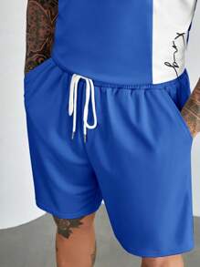 EASEVO 男士字母圖案雙色T恤和短褲 - 寶藍色 - 查看 5