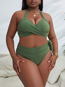 Conjunto de bikini de talla grande con diseño sólido de cuello halter para la playa de verano - Verde militar - Ver 1