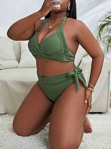 Conjunto de bikini de talla grande con diseño sólido de cuello halter para la playa de verano - Verde militar - Ver 3