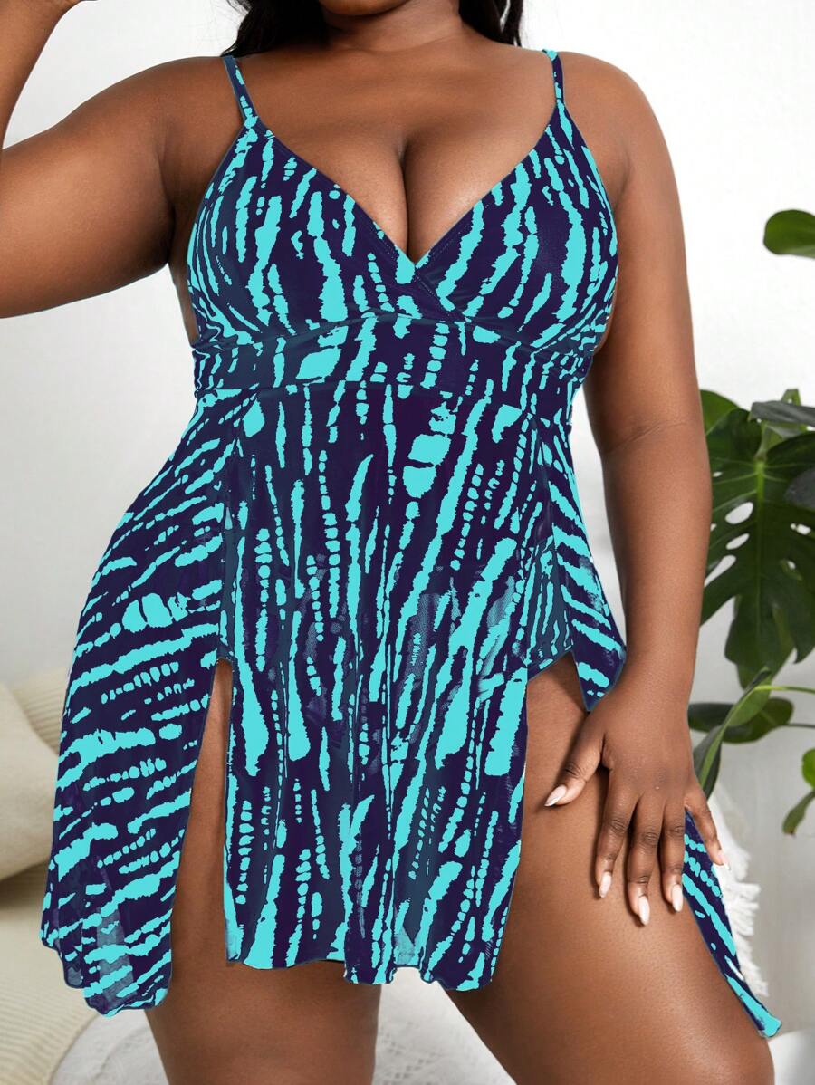 SHEIN Swim Curve Plus Size Allover In Split Hem Đầm đi biển mùa hè - Nhiều màu - Xem 1