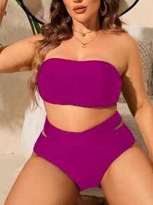 SHEIN Swim Curve 大尺碼雕花無肩帶比基尼套裝，夏日沙灘的最佳搭配 - 玫紅色 - 查看 1