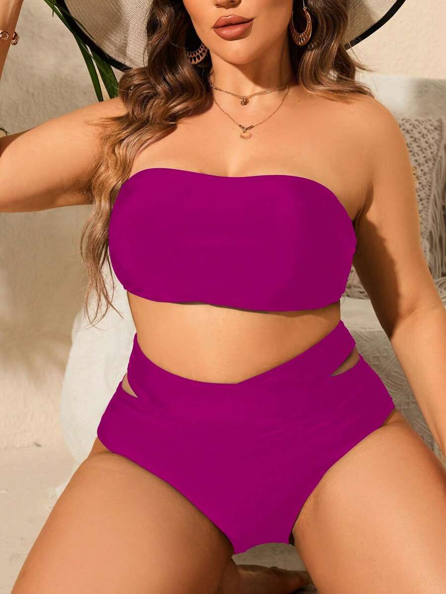 SHEIN Swim Curve 大尺碼雕花無肩帶比基尼套裝，夏日沙灘的最佳搭配 - 玫紅色 - 查看 1