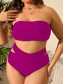 SHEIN Swim Curve 大尺碼雕花無肩帶比基尼套裝，夏日沙灘的最佳搭配 - 玫紅色 - 查看 3