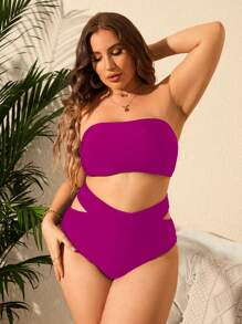 SHEIN Swim Curve 大尺碼雕花無肩帶比基尼套裝，夏日沙灘的最佳搭配 - 玫紅色 - 查看 5